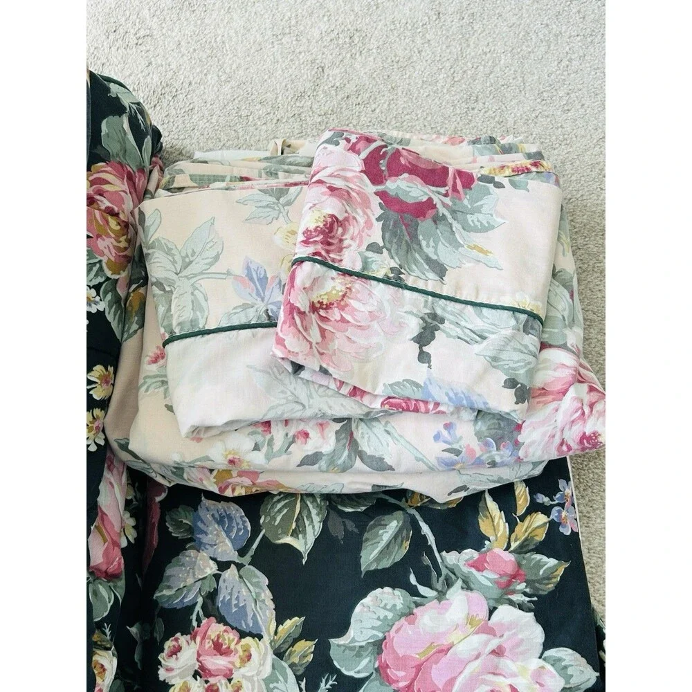 Vtg Croscill Francesca Queen Bedding Set Comforter Sheets Shams Skirt Black Rose